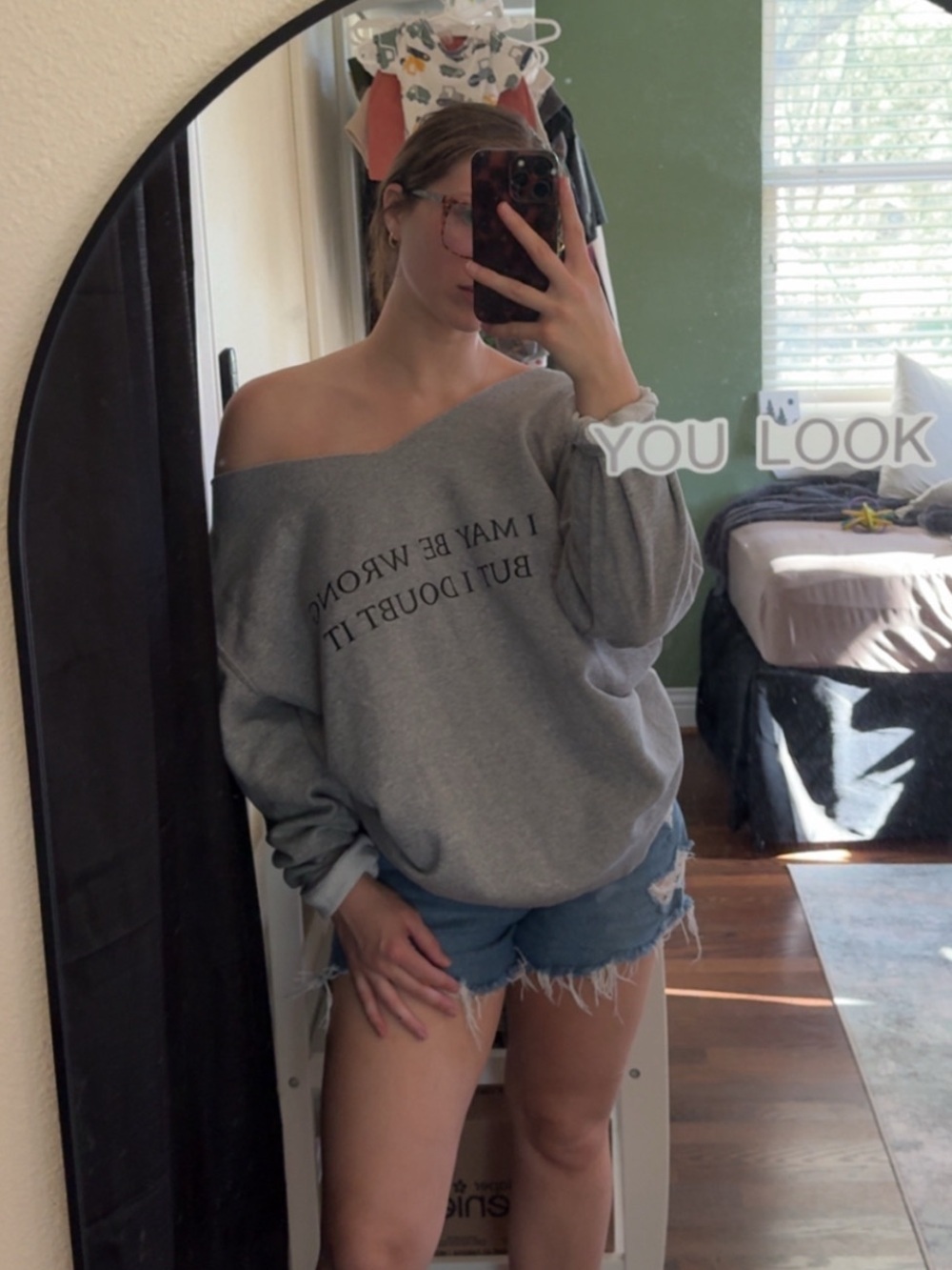 “I May Be Wrong But I Doubt It” Off-Shoulder Grey Crewneck